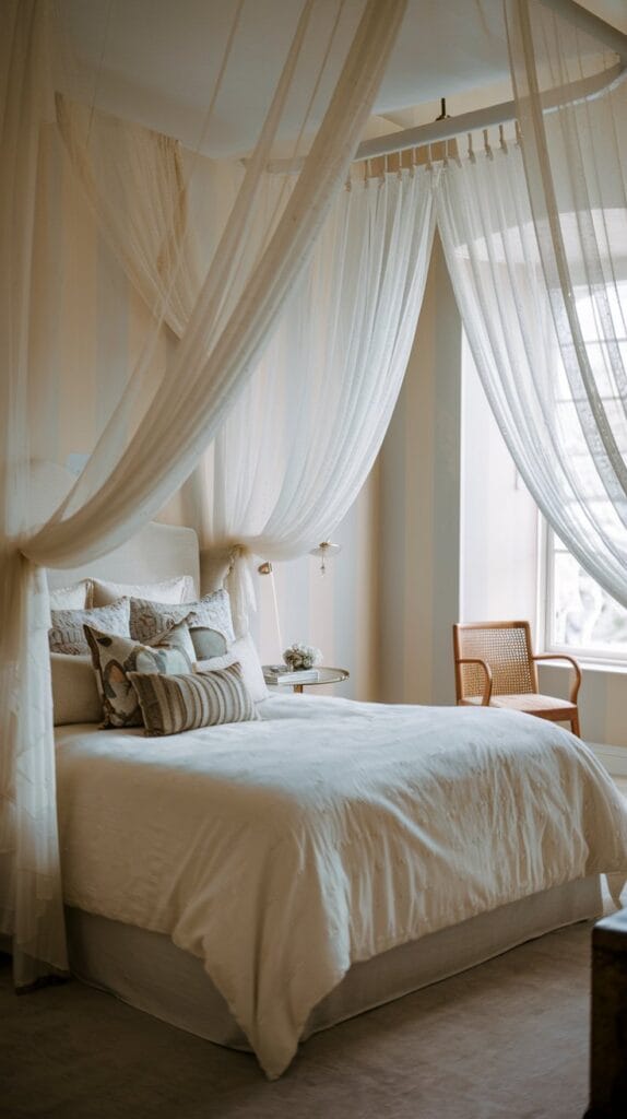 Bedroom with romantic sheer drapes for a soft, dreamy vibe.