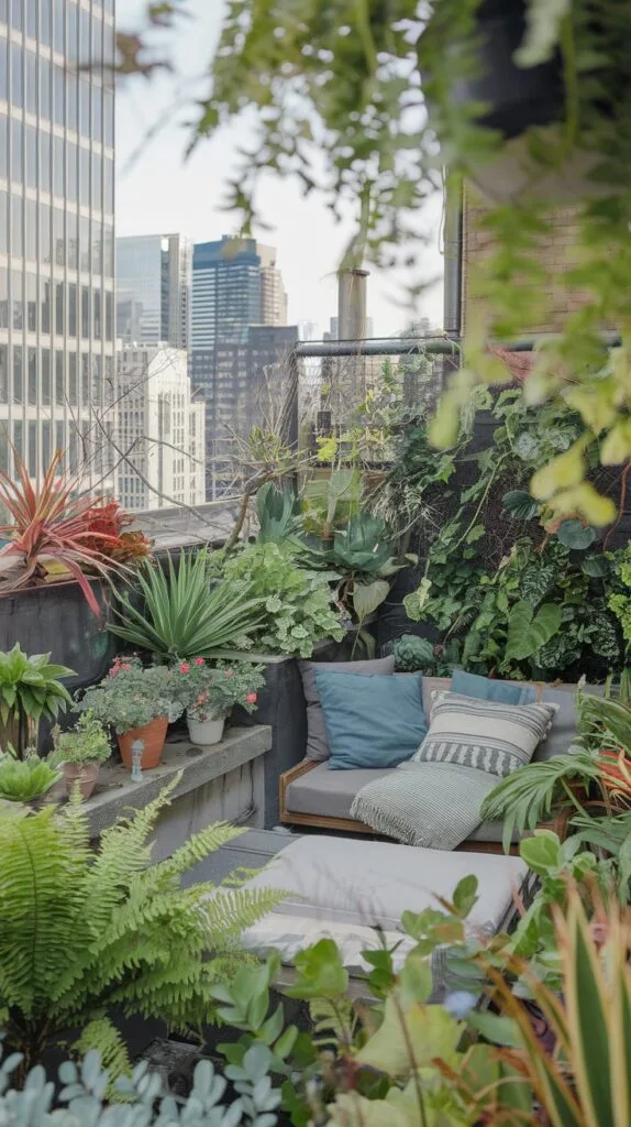 Rooftop garden oasis with lush plants and cozy seating.