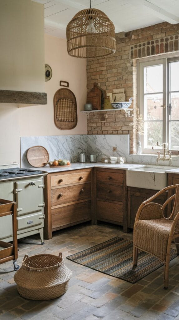 Wicker and rattan accents in a kitchen, adding natural warmth and texture.