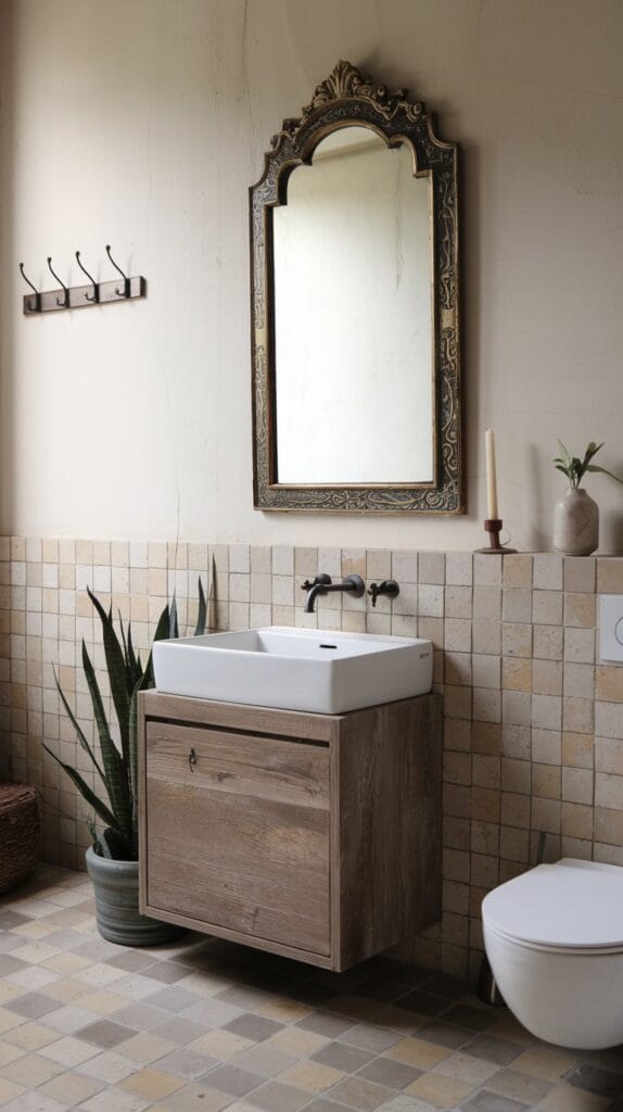 Antique mirror with a sleek, minimalist sink in a chic bathroom.