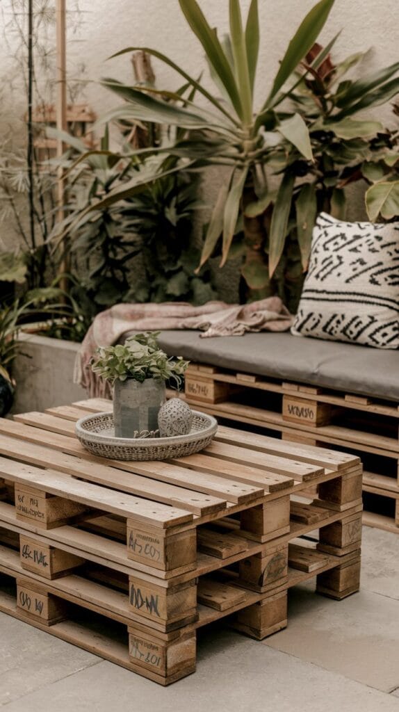 Wooden pallet furniture offering rustic charm for a bohemian patio.