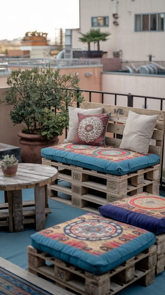 DIY pallet furniture on a rustic balcony.