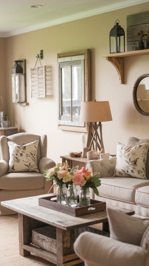 A rustic farmhouse living room with floral decor and vintage touches.