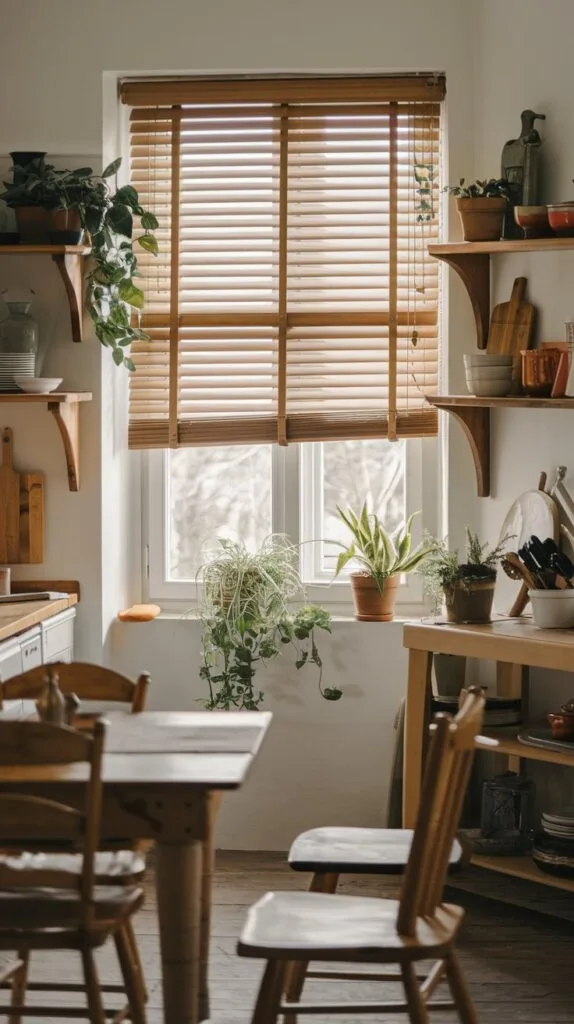 Kitchen window with wooden blinds, casting a soft light into the room.