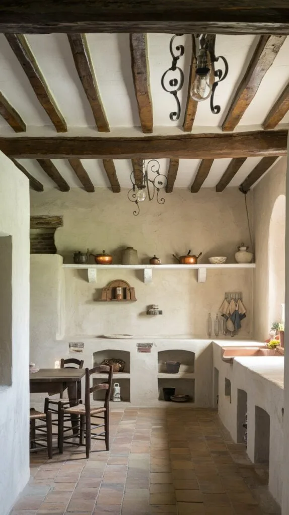 Spanish kitchen with exposed wooden beams and terracotta tiles.