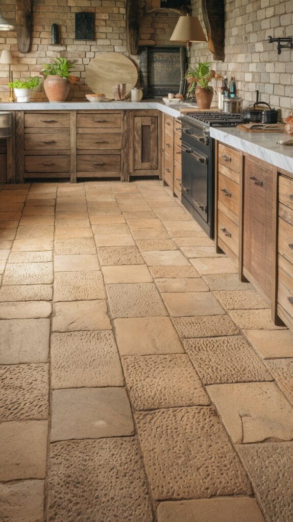 Traditional stone flooring in a kitchen, adding texture and rustic charm.