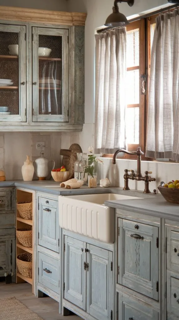 Rustic kitchen with weathered wood cabinets, farmhouse sink, and antique finishes.