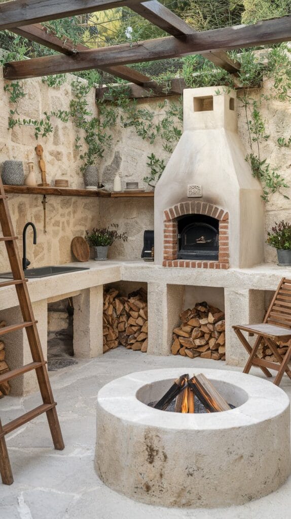 Rustic stone outdoor kitchen with brick oven and wooden shelves.