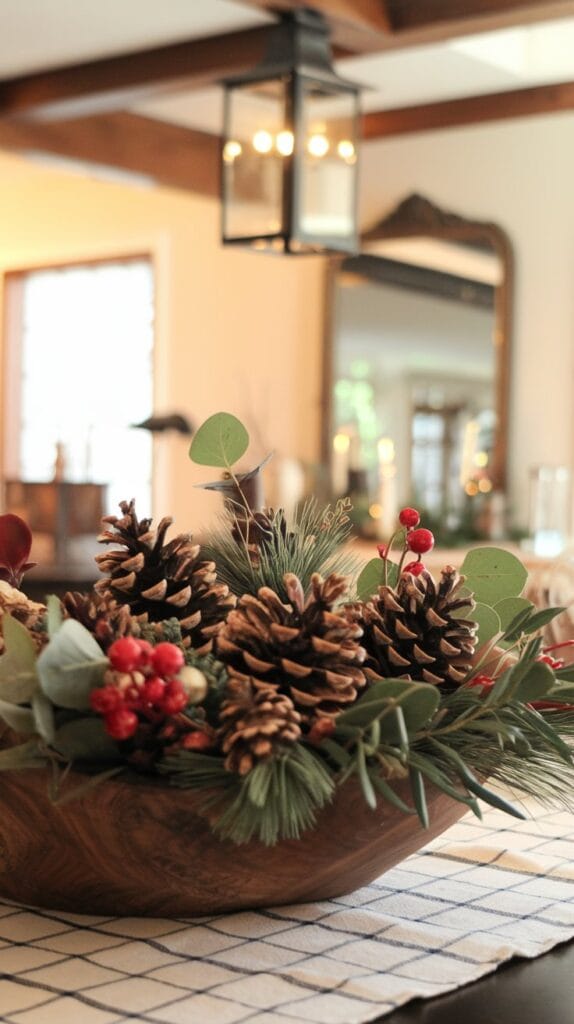 Pinecones and seasonal greenery arranged as a rustic table centerpiece.