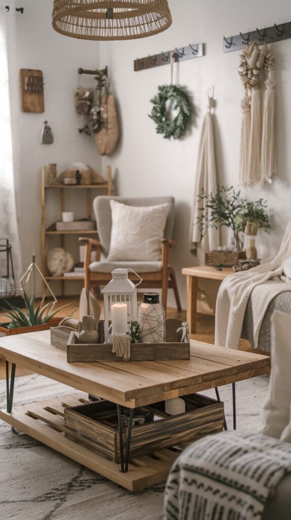 Wooden elements creating a rustic winter vibe in the living room.