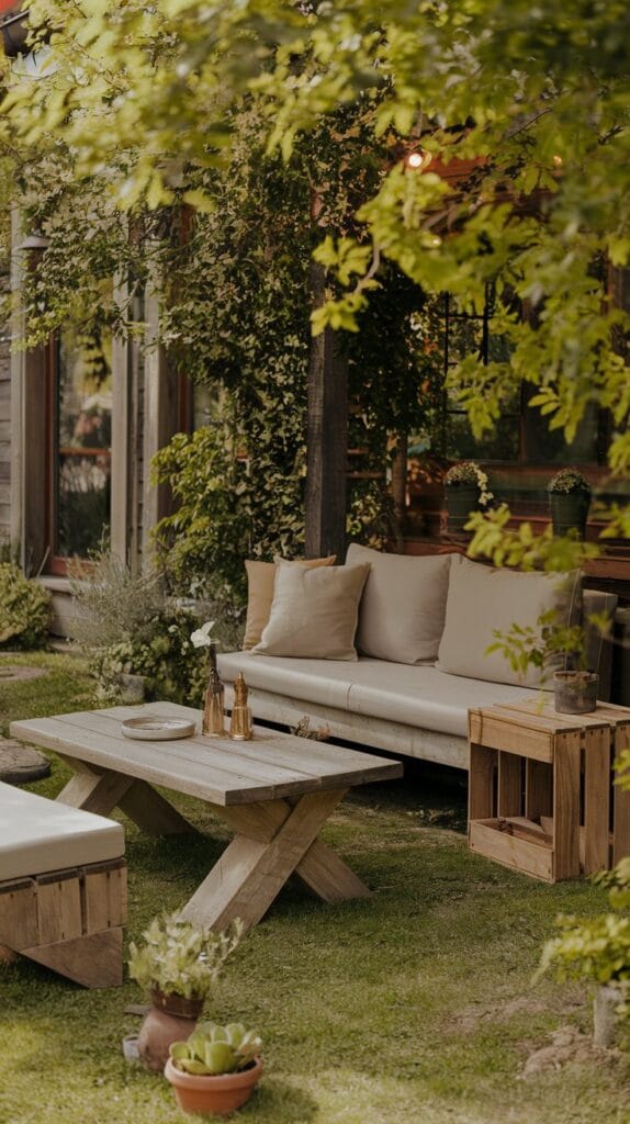 Rustic wooden furniture with neutral cushions perfect for a bohemian patio.