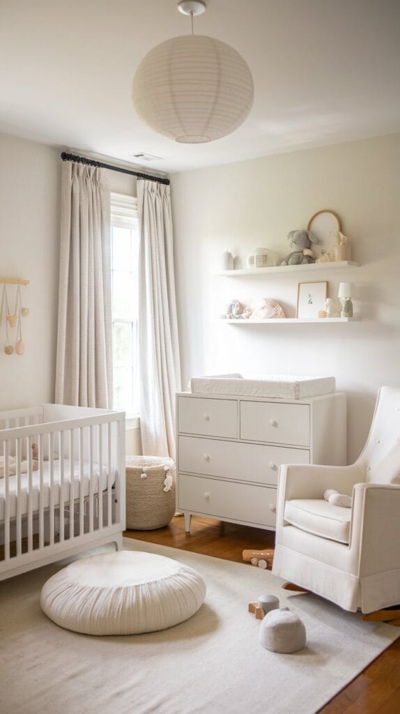 All-white nursery with soft textures and elegant furniture for a serene atmosphere.