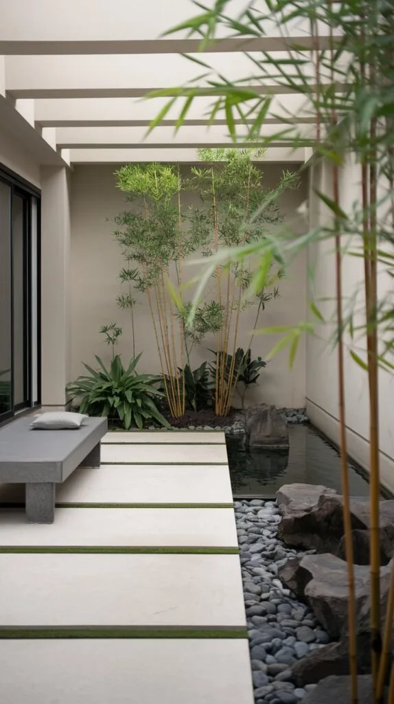Minimalist zen terrace with simple furniture and tranquil water feature.