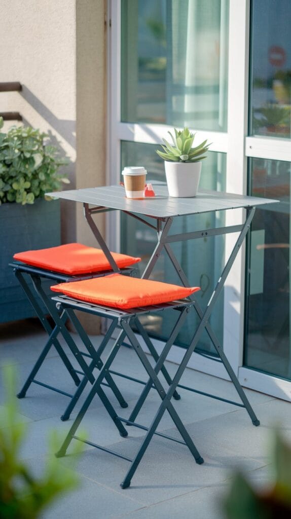 Foldable furniture for small balconies: collapsible bistro set and nesting stools.