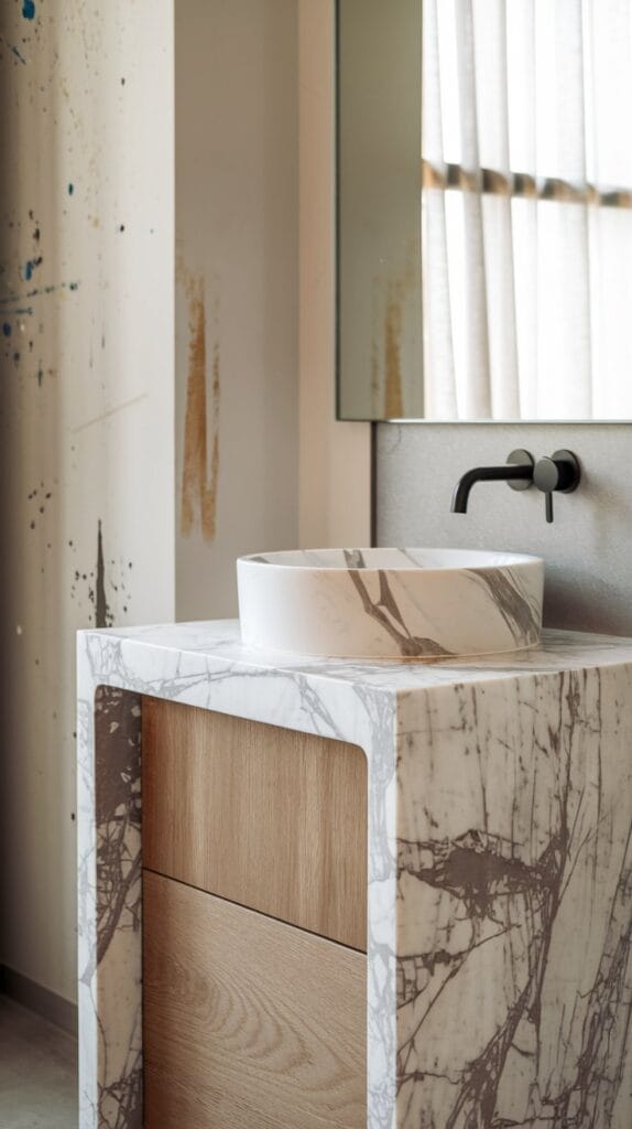 Modern freestanding vanity with a marble top in a bright bathroom.