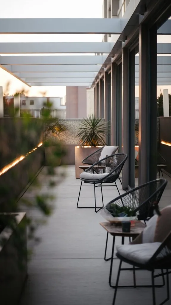 Sleek modern terrace with minimalist furniture and plants.