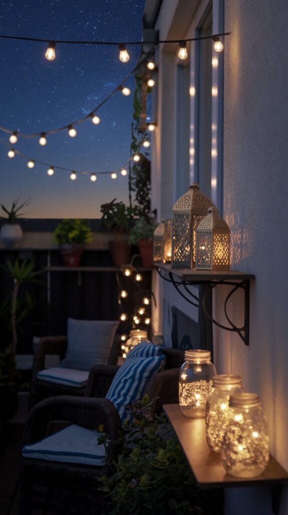 String lights and lanterns creating magical balcony ambiance.