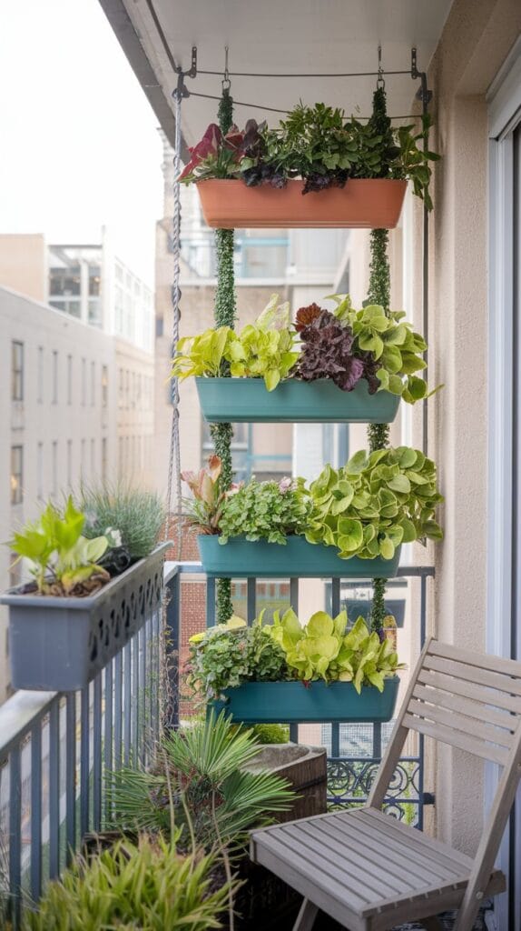 Vertical garden with lush green plants in hanging planters.