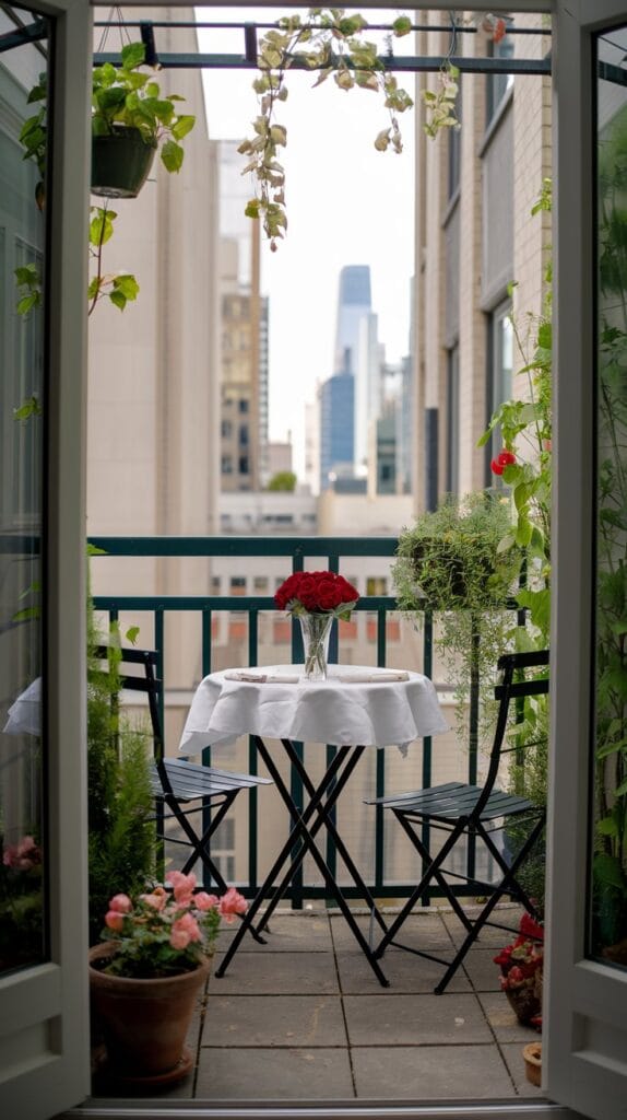 A cozy balcony dining area with a bistro table and two chairs, perfect for intimate meals.