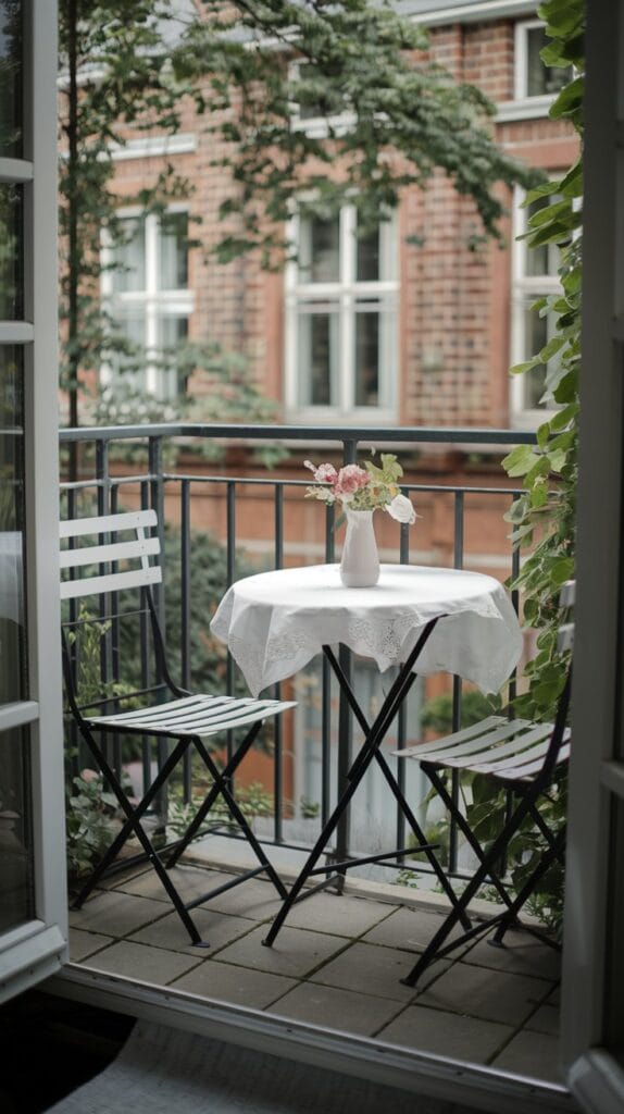 Small bistro set on a balcony for dining.