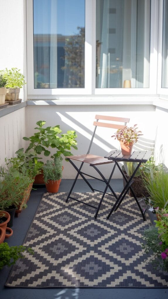 Outdoor rug defining a cozy zone on a small balcony.