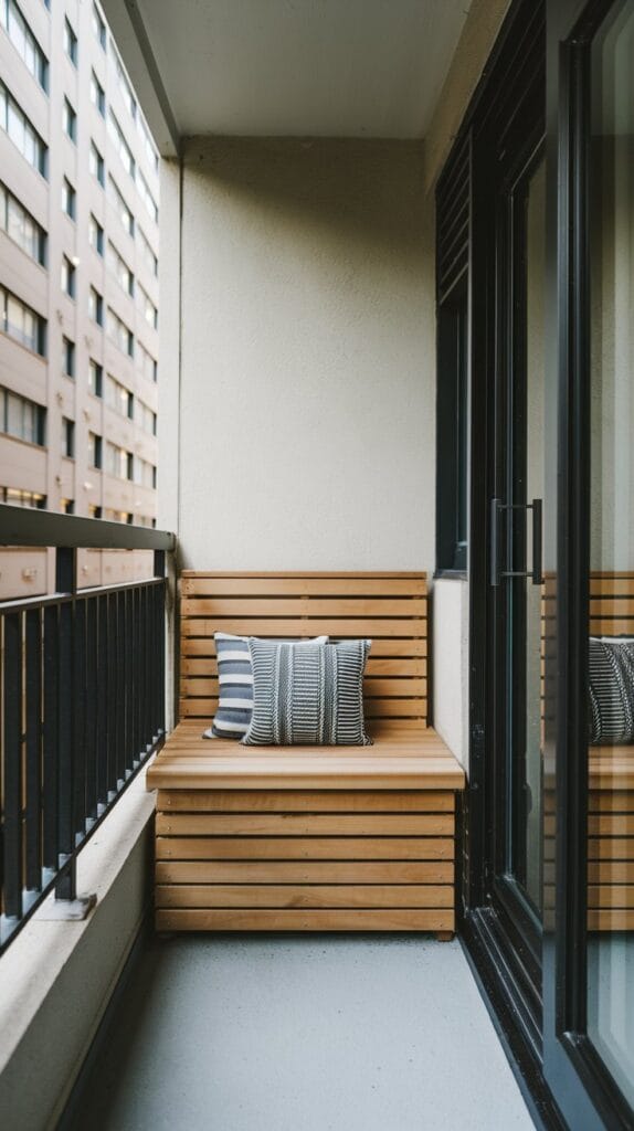 Built-in bench with hidden storage on a balcony.