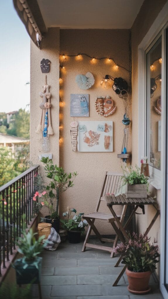 Personalized artwork and DIY decor on a small balcony.