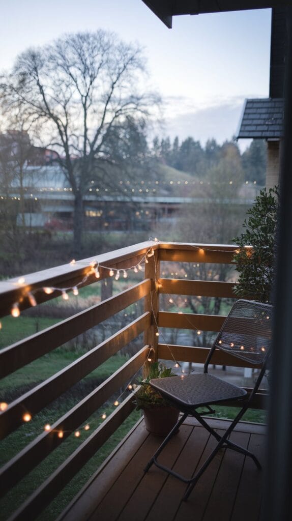 String lights on a small balcony for ambiance.