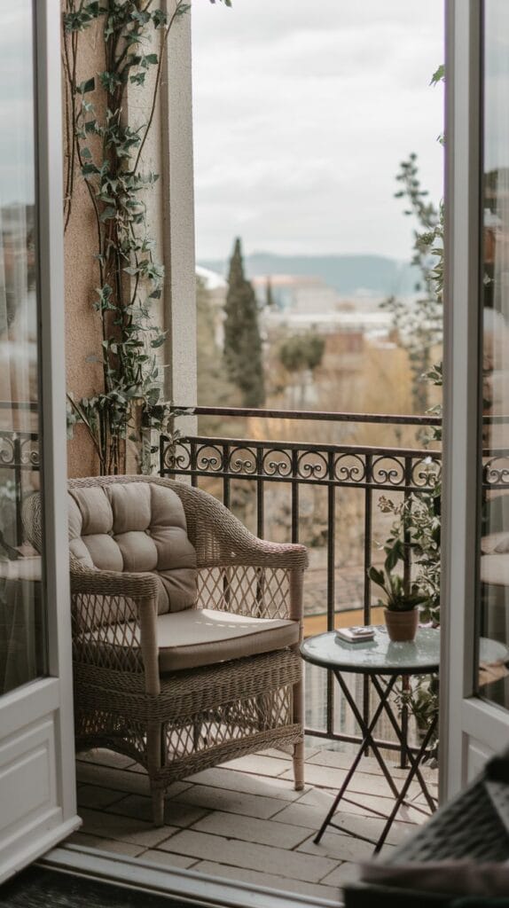 A balcony with cozy seating and plush cushions, ideal for relaxation.