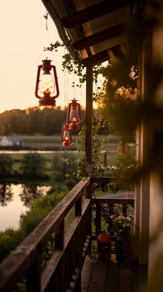 Hanging lanterns and candle holders on a small balcony.