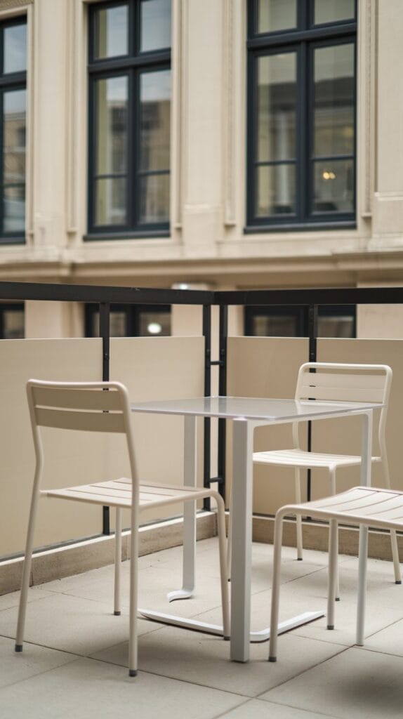 Minimalist outdoor furniture with clean lines on a balcony.