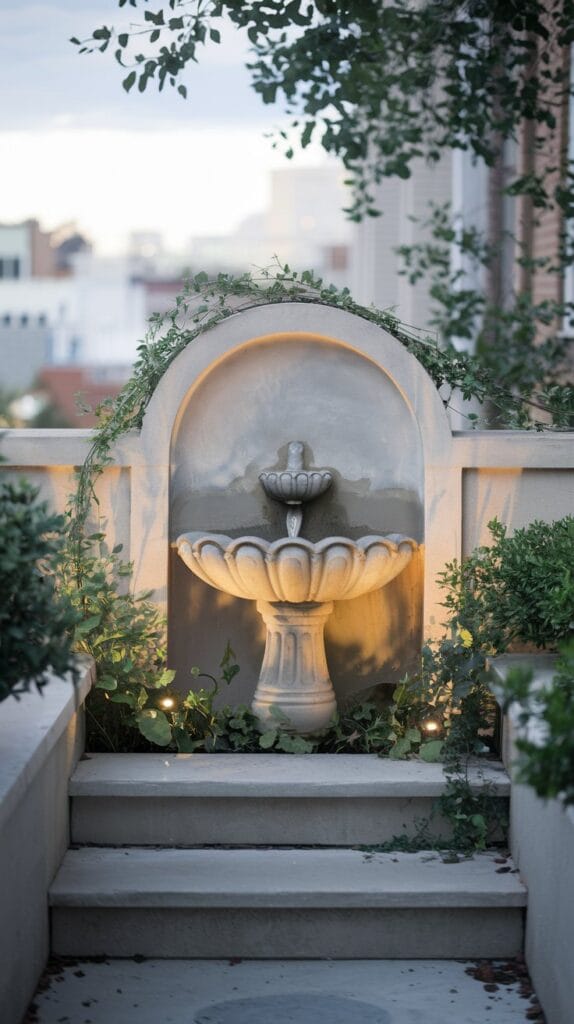 Small water feature or fountain on a balcony.