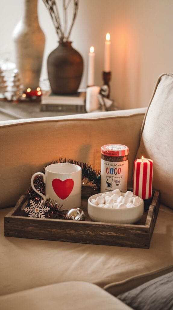 Hot cocoa station with mugs, cocoa mix, and marshmallows in a cozy corner.