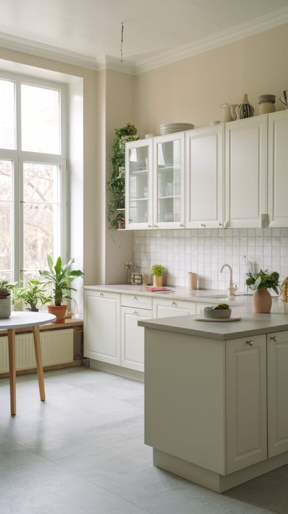 Small kitchen with light, neutral colors creating an airy, spacious feel.