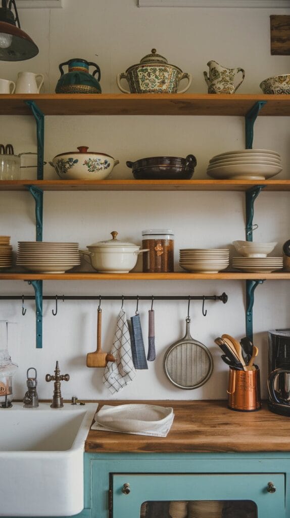 Small kitchen with open shelving showcasing vintage crockery and rustic charm.