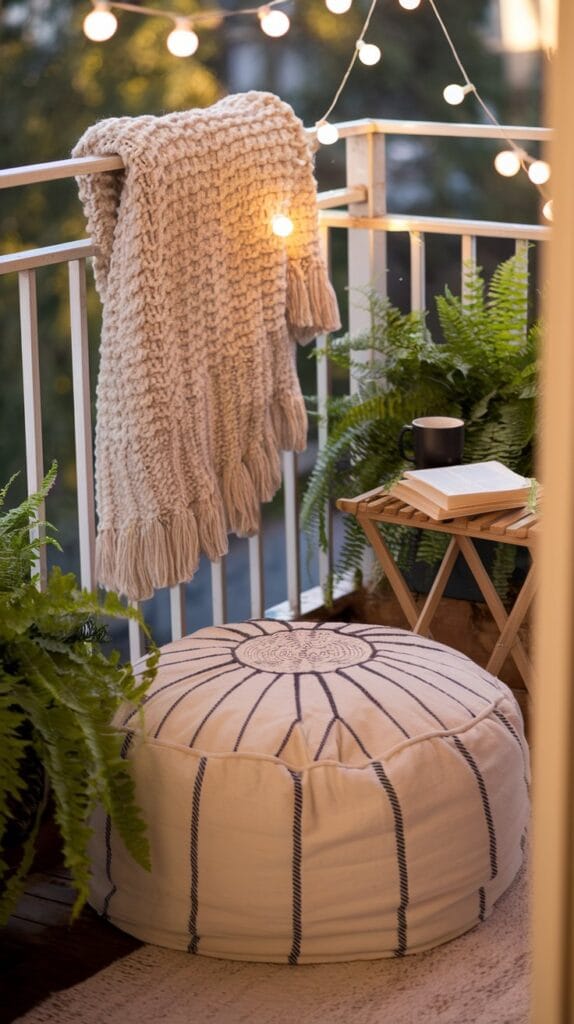 Cozy balcony seating nook with poufs, throws, and ambient lighting.