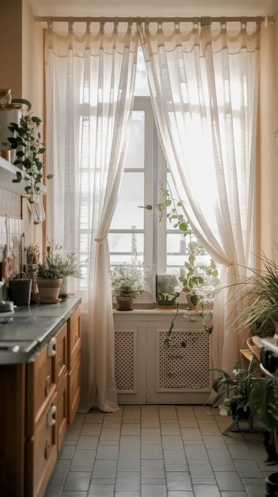Kitchen window with sheer white curtains letting in soft sunlight.