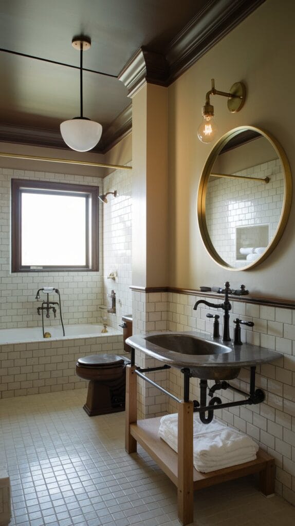 Bathroom with brass and matte black accents for a stylish contrast.