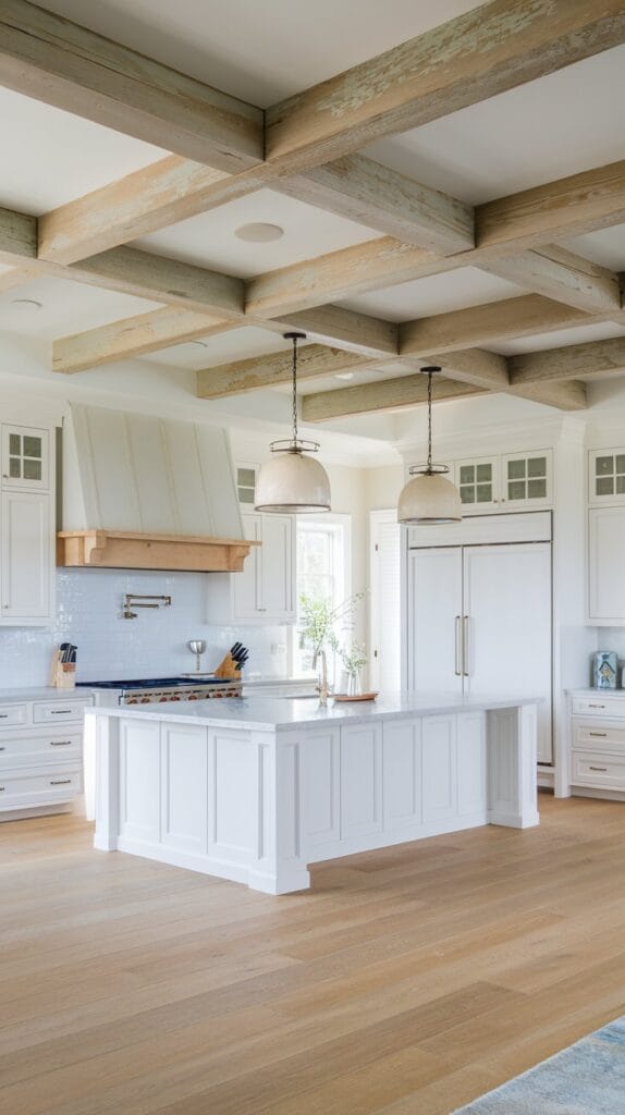 Coastal kitchen with exposed natural wood ceiling beams and bright white cabinetry.