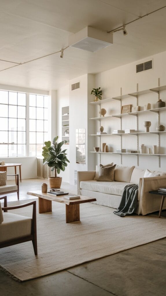 Living room with open layout, featuring minimal furniture and open shelving.