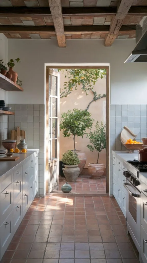 Spanish kitchen with Mediterranean courtyard vibes and potted plants.