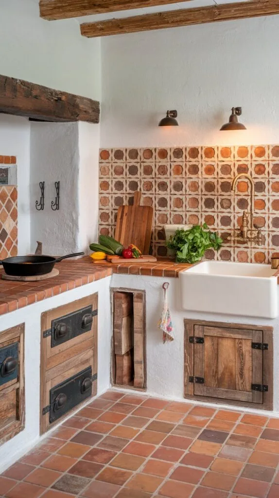 Spanish kitchen with terracotta flooring and tile backsplash.