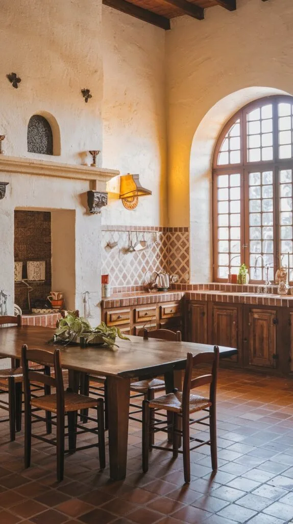 Stone and stucco walls in a Spanish kitchen with wooden cabinets and terracotta floors.