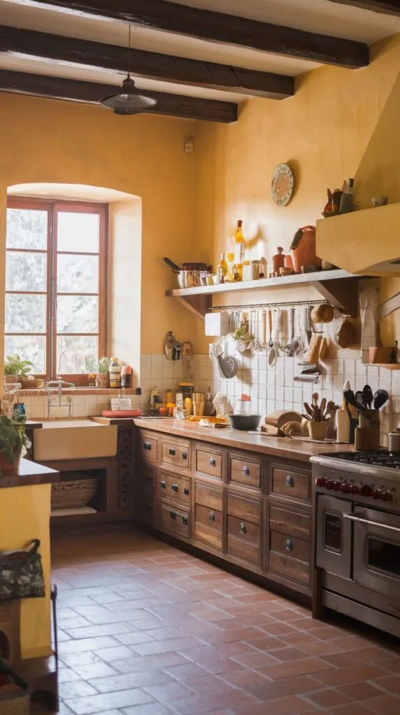 Spanish kitchen with warm earthy tones, including terracotta and wood accents.