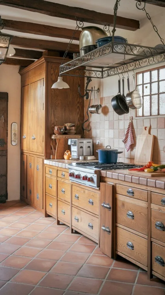 Wrought iron accents in a Spanish kitchen with a pot rack and light fixtures.