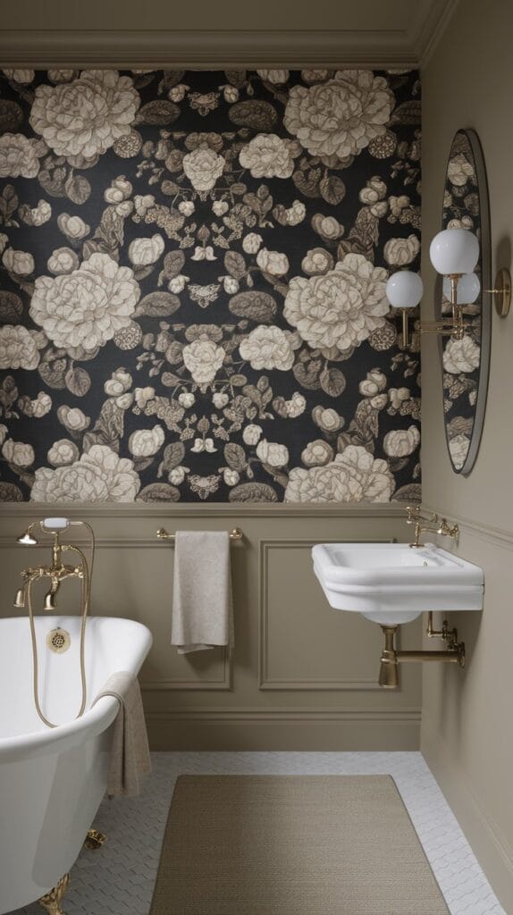 Vintage-inspired wallpaper with sleek, modern fixtures.