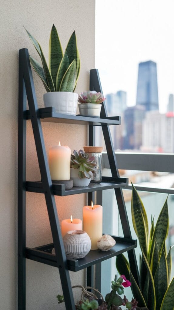 Ladder shelf with decor items on a balcony.