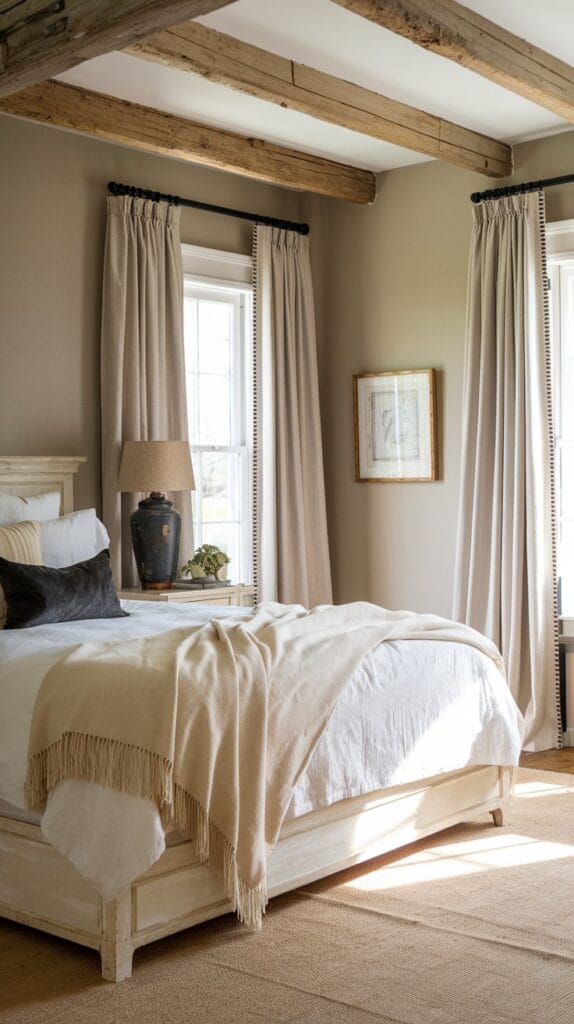 Neutral-toned farmhouse bedroom with beige linen curtains and cream bedding.