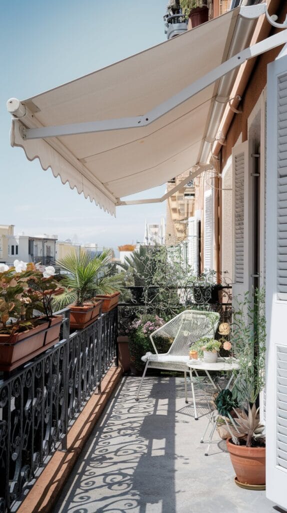 A balcony with a retractable canopy or umbrella, providing shade and comfort.