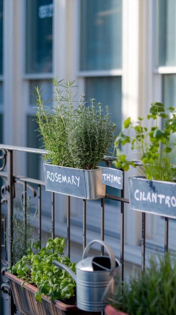Mini herb garden on balcony railing for fresh cooking ingredients.